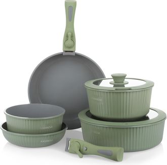 KASANOVA Batteria pentola 9 pezzi verde Eaziclip con manici staccabili