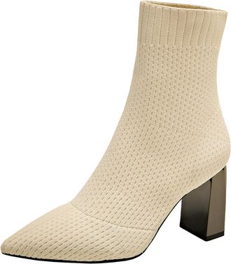 Generic Winter Ladies Fashion Knitted Mesh Pointed Toe Ankle Boots with Thick High Heel and Breathable Comfort Design for Women (Beige, 6. 5)
