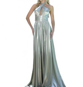 Colors Dress Metallic Halter Keyhole Evening Gown In Sage