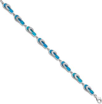 Diamond2Deal Sterling Silver Rhodium-plated 7in Created Blue Opal Inlay Sandal Bracelet 7