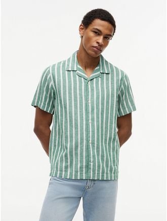 Tommy Hilfiger Mens Striped Cotton-Linen Blend Camp Shirt - Green - XXL