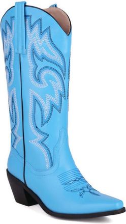 Generic Womens Square Toe PU Leather Long Boots Pull on Western Cowboy Boot with Embroidery Chunky Heel Mid-Calf Boots,Blue,3.5 UK