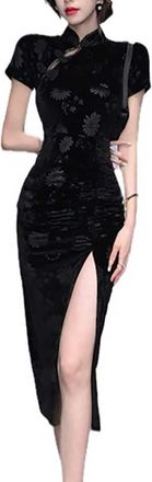 Generic Womens Cheongsam Costume Side High Slit Slim Fit Qipao Chinese Tradtional Party Cocktail Formal Wear Outfit, 12-black, M