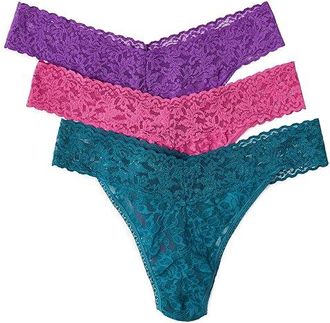 Hanky Panky Signature Lace(r) Original Rise Thongs 3-Pack Womens Underwear Intuition Pink/Riviera Blue/Twilight Purple, Nylon