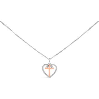 House of Brilliance 14K Rose Gold Plated Sterling Silver 1/5 Cttw Diamond Heart Cross Pendant Necklace in White Gold Over Silver at Nordstrom