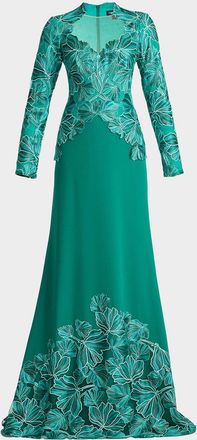 Tadashi Shoji Petal Applique Crepe Gown