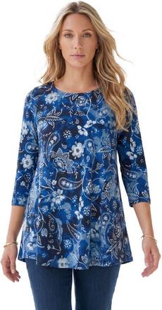 Roaman's Plus Size Ultimate Three Quarter Sleeve Swing Tee in Indigo Paisley Tie Dye at Nordstrom, Size 28