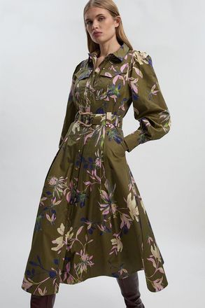 Karen Millen Womens Floral Print Cotton Sateen Woven Midi Shirt Dress - Khaki - Size 10 UK