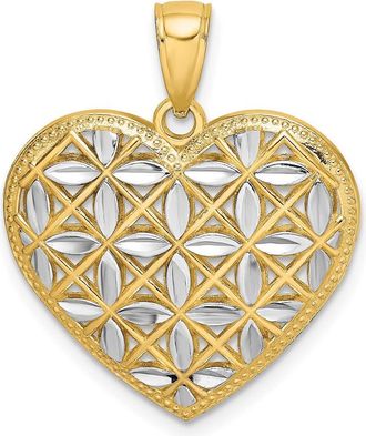 Diamond2Deal 14k Yellow Gold and White Rhodium Diamond-cut Leaves In Heart Charm Pendant