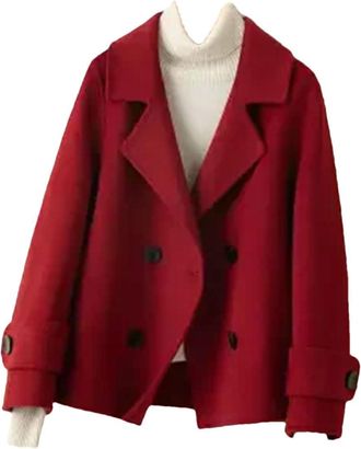 Generic Women Winter Woolen Coat Double-Breasted Loose Short Wool Jacket Suit Collar Outwear Red XXL