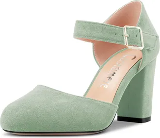 Castamere Women Chunky Block High Heel Close Round Toe Two-Piece Pumps Court Shoe Buckle Wedding Party Dress Shoes 8.5 CM Heels Light Green 6 UK