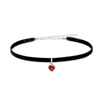 Ross-Simons Garnet Heart Pendant Choker Necklace With Black Velvet Cord and Sterling Silver