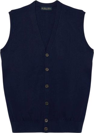 Brooks Brothers Geknoopte trui zonder mouwen - Heren - Vesten - Blauw - M - Kasjmier - Truien & Vesten
