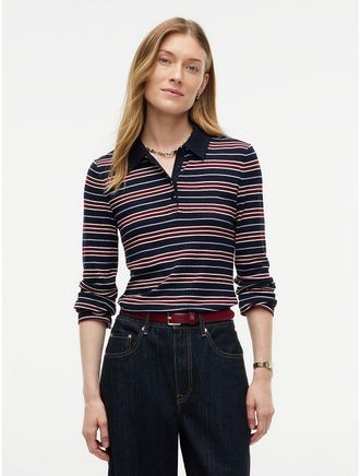 Tommy Hilfiger Womens Slim Fit Striped Rib-Knit Polo - Navy Blue Multi - XL