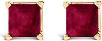 House of Brilliance 14K Gold 5x5MM Princess Cut Gemstone Solitaire Stud Earrings in Red Ruby | Yellow at Nordstrom
