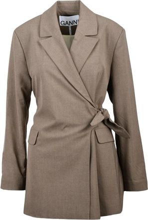Ganni Lange jas met kruisstrik sluiting - Dames - Blazers - Bruin - L - Polyester - Jassen
