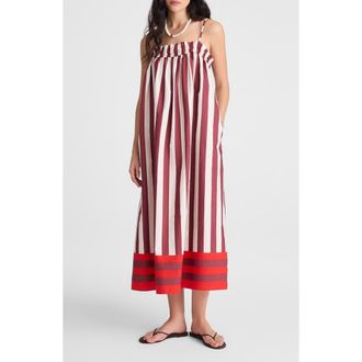 Madewell Stripe Ruffle A-Line Maxi Dress in Dusty Merlot at Nordstrom, Size Xx-Small