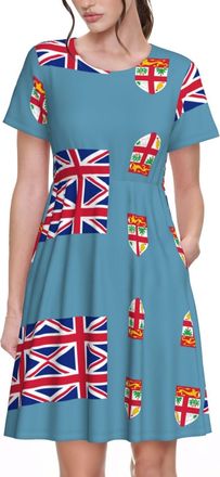 Generic Women Dresses Casual Round Neck Fiji Flag Short Sleeve Floral Long Maxi Summer Beach Swing Dress/Two Pockets Long Knee-Length XL Black