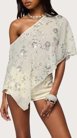 Edikted Triana Sequin Beaded Poncho in Cream at Nordstrom, Size X-Large