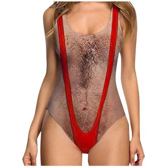 Generic Women Funny Swimsuit Hairy Body Chest Printed Hippie Swimsuits Bathing Suit One Pieces Swimwear Monokini