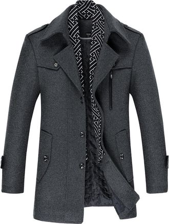 AlltheMen Mens Winter Wool Trench Coat Scarf Collar Warm Coat Jacket Casual Mid Length Overcoat Grey 3XL