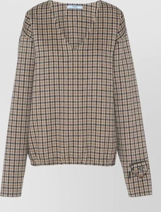 Prada checked v-neck long-sleeve knitted top