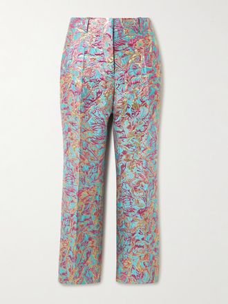 Dries Van Noten Pantaloni Cropped A Gamba Dritta In Jacquard Metallizzato - Blu