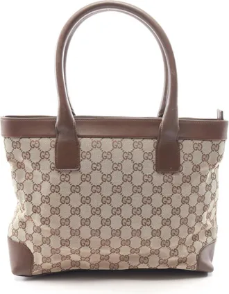 Gucci Beige Brown Canvas Leather Handbag Tote Bag (Pre-Owned)