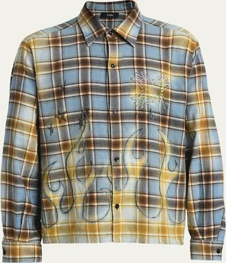 Amiri Mens Cotton Plaid MA Quad Flames Button-Down Shirt