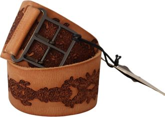 Scervino Street Brown Genuine Leather Black Logo Buckle Womens Belt