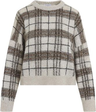 Brunello Cucinelli Beige Checks Crew Neck Sweater