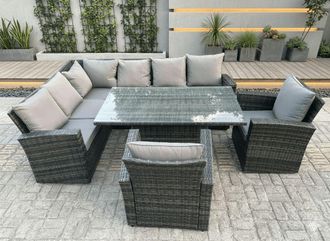 Fimous High Back PE Rattan Corner Sofa Set Garden Furniture Adjustable Lifting Table Set 2 Armchair in Dark Grey