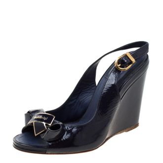 Baldinini Blue Leather Bow Wedge Ankle Strap Sandals