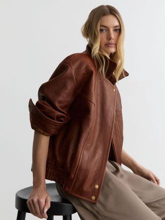 Reiss Chestnut Brown Petite Textured Leather Oversized Jacket, 16
