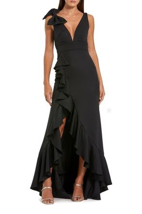 Mac Duggal Crepe Sleeveless Ruffled V-Neck Gown With Bow in Black at Nordstrom, Size 16