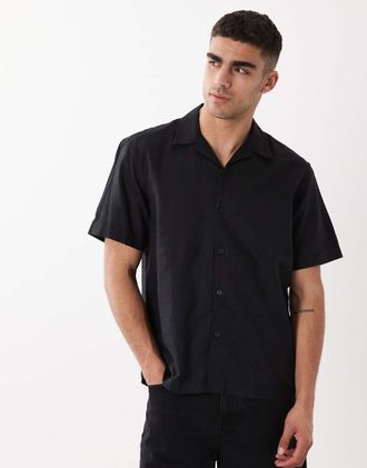 Selected Camicia a maniche corte nera in misto lino-Nero