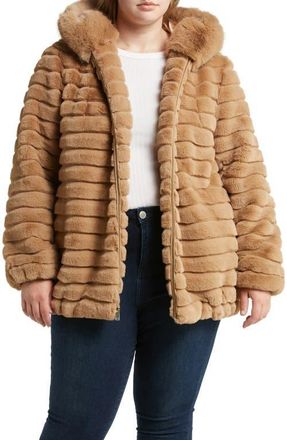 Gallery Hooded Faux Fur Jacket in Camel at Nordstrom, Size 1X