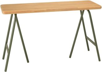 Macabane Consola con tablero de pino y patas de caballete de metal verde