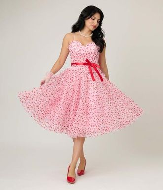 Unique Vintage Tulle Sweetheart Cupcake Swing Dress in Pink W/Red Hearts at Nordstrom, Size X-Large
