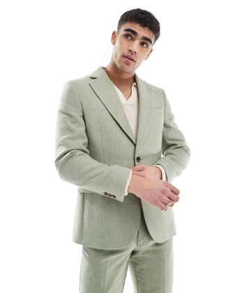 Asos Giacca da abito slim in misto lana verde intrecciata