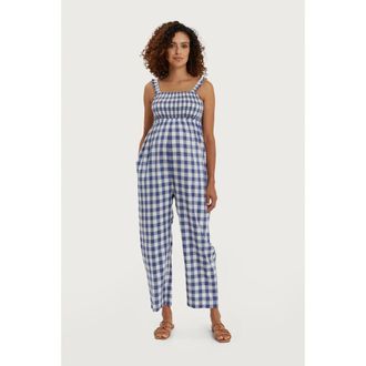Nom Maternity Marais Maternity & Nursing Jumpsuit in Navy White Plaid at Nordstrom, Size X-Large
