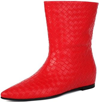 Generic Womens Fashion Braided Pointed Toe Ankle Boots Flats Comfort Wide Calf Pull On Fall Winter Motorcycle Shoes (7.5,Red)