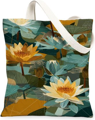 Generic Floral Canvas Tote Bags, Water Lily Pattern Reusable Grocery Bags, Autumn Vintage Lightweight Washable Shoulder Strap, Multicolor, 13x15 Inch