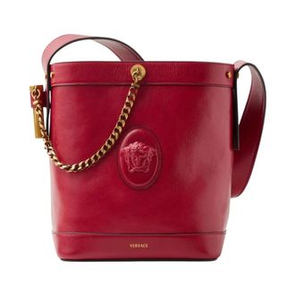 Versace Tassen, Dames, Rood, ONE Size, Leer, Pivot Kleine Leren Bucket Bag