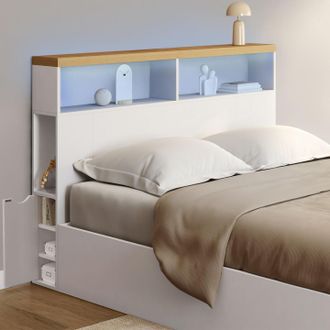IDMarket Testiera Luna 145 Cm Led Con Vani Contenitori Chiusi E Nicchie Bianche E Top Effetto Legno