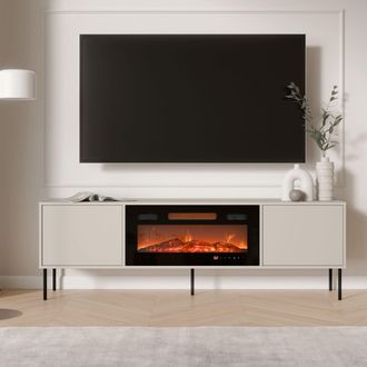 Dmora Mueble Tv Silvi, Un Estante, 2 Puertas, Chimenea Incluida, 180x40x60h Cm Beige