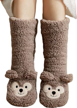 Generic Womens Fluffy Fleece Lined Slipper Socks Non Slip Grippers, Cute Cartoon Pattern Warm Thermal Cotton Indoor Bed Floor Socks