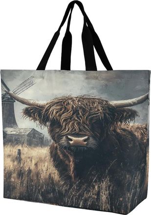 Generic Highland Cow Vintage Painting Large Reusable Shopping Bag Lightweight Foldable Tote Bags Washable Shoulder Handbag
