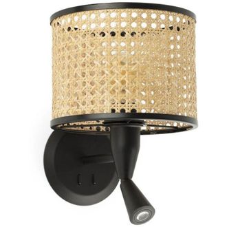 Faro Barcelona Mambo Aplique De Pared Con Lector Negro/ratan &Oslash;210 64309-47