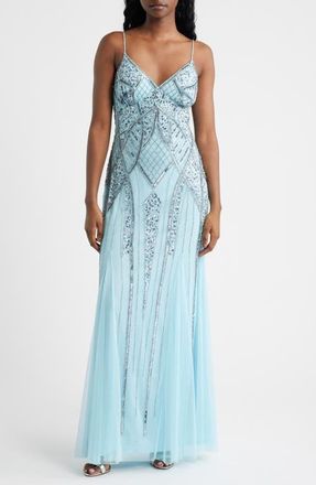 Jump Apparel Beaded A-Line Gown in Aqua at Nordstrom, Size 13